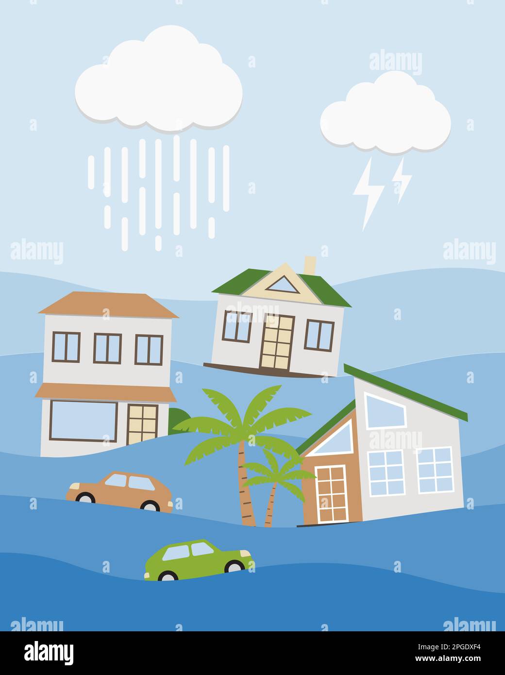 Case e automobili che allagano sotto il concetto di acqua. Inondate il disastro naturale con tempesta di pioggia, rischio di intemperie. Concetto di riscaldamento globale e cambiamento climatico. Piatto v Illustrazione Vettoriale