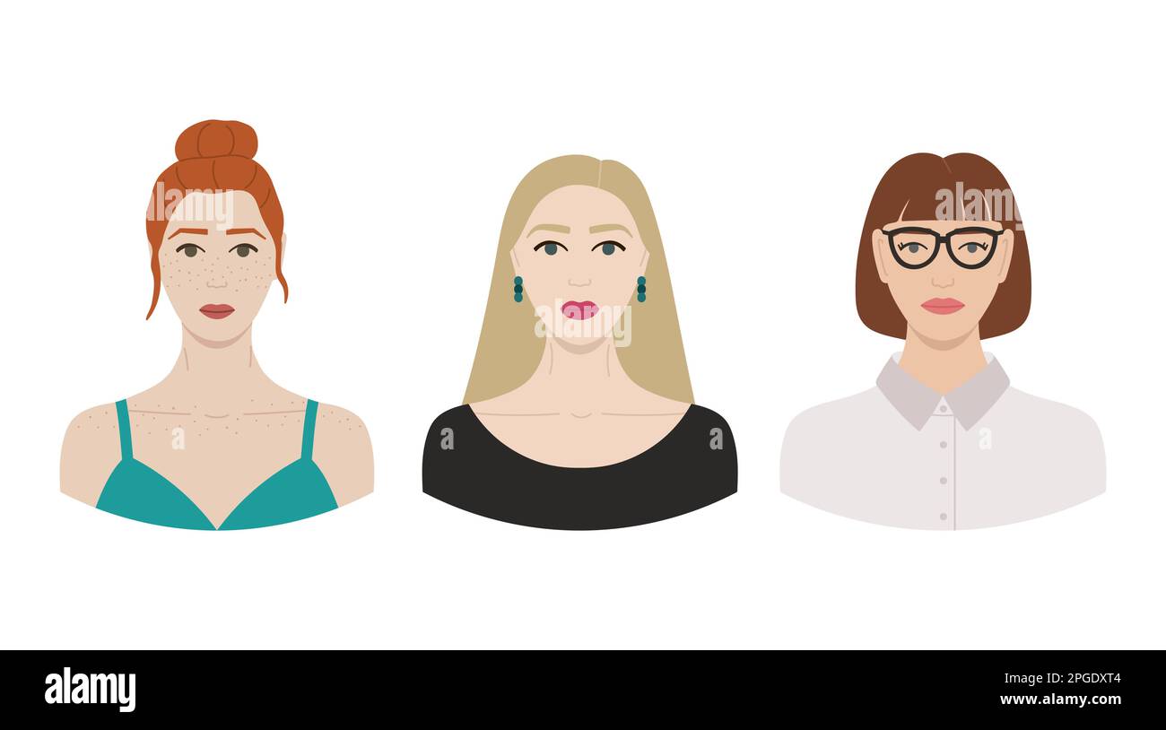 Set di facce femminili con pelle bianca e diversi tipi di acconciature. Raccolta di ritratti di donne per avatar nei social network e interf. Di comunicazione Illustrazione Vettoriale