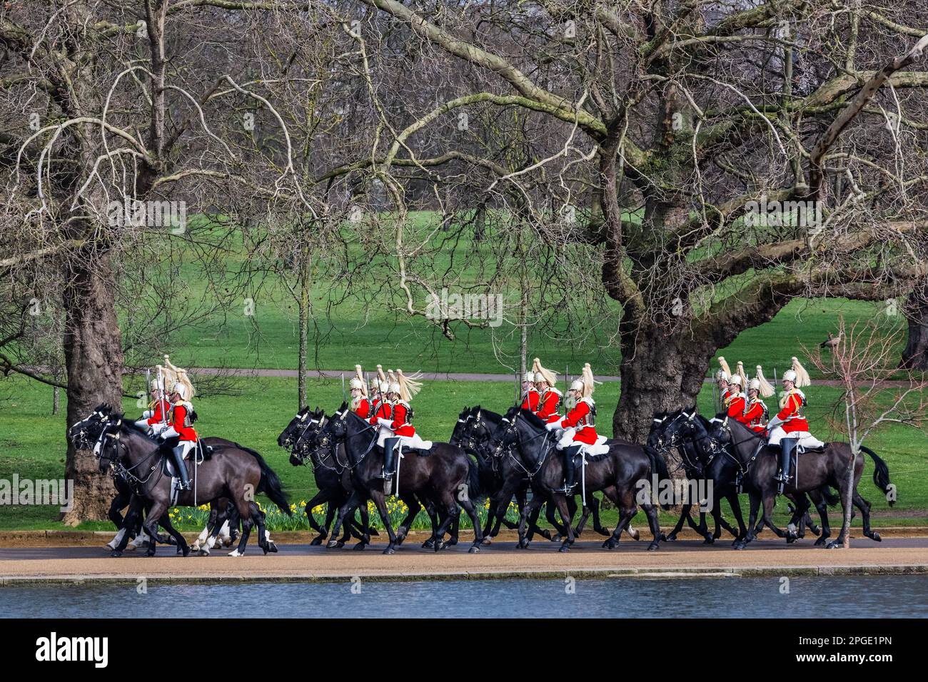 Londra, Regno Unito. 22 Mar 2023. La guardia del corpo del re sfilò ad Hyde Park per dimostrare la loro disponibilità per un'estate di prove. Il reggimento montato sulla Cavalleria domestica è messo attraverso i loro passi durante la loro ispezione annuale dal generale maggiore Christopher Ghika CBE, l'ufficiale generale che comanda la Divisione domestica. Come parte dell'ispezione, hanno provato il loro ruolo di Escort sfilando con due carrozze attraverso Hyde Park. L'Escort fa parte dell'attività cerimoniale per la parata di compleanno del re, l'apertura del Parlamento da parte dello Stato e varie visite di Stato. Credit: Guy Bell/Alamy Live News Foto Stock