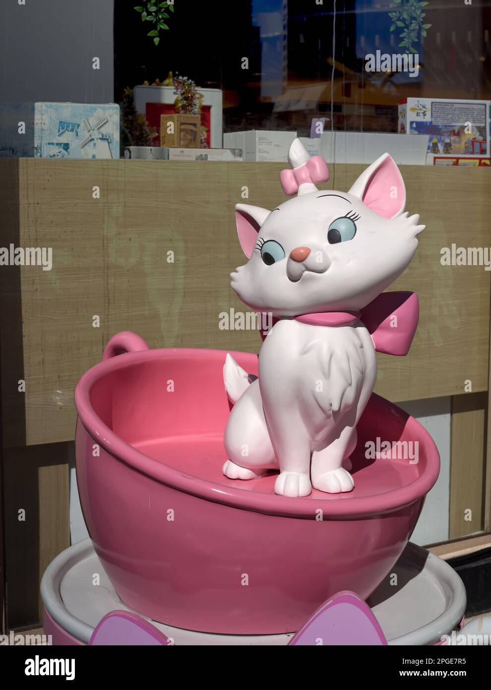 Testa che gira modello di gatto bianco in una tazza rosa Foto Stock