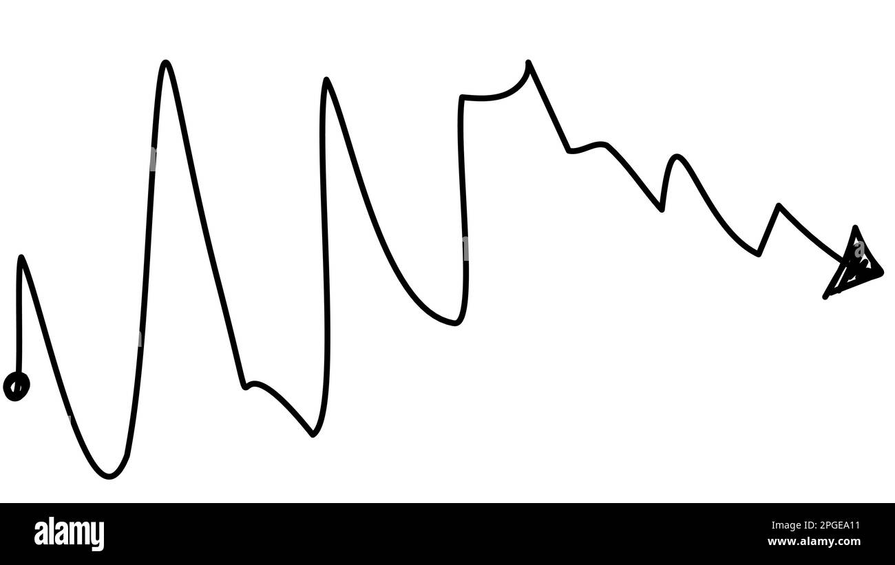 Doodle freccia a una linea con salita e discesa su uno sfondo bianco. Illustrazione Vettoriale