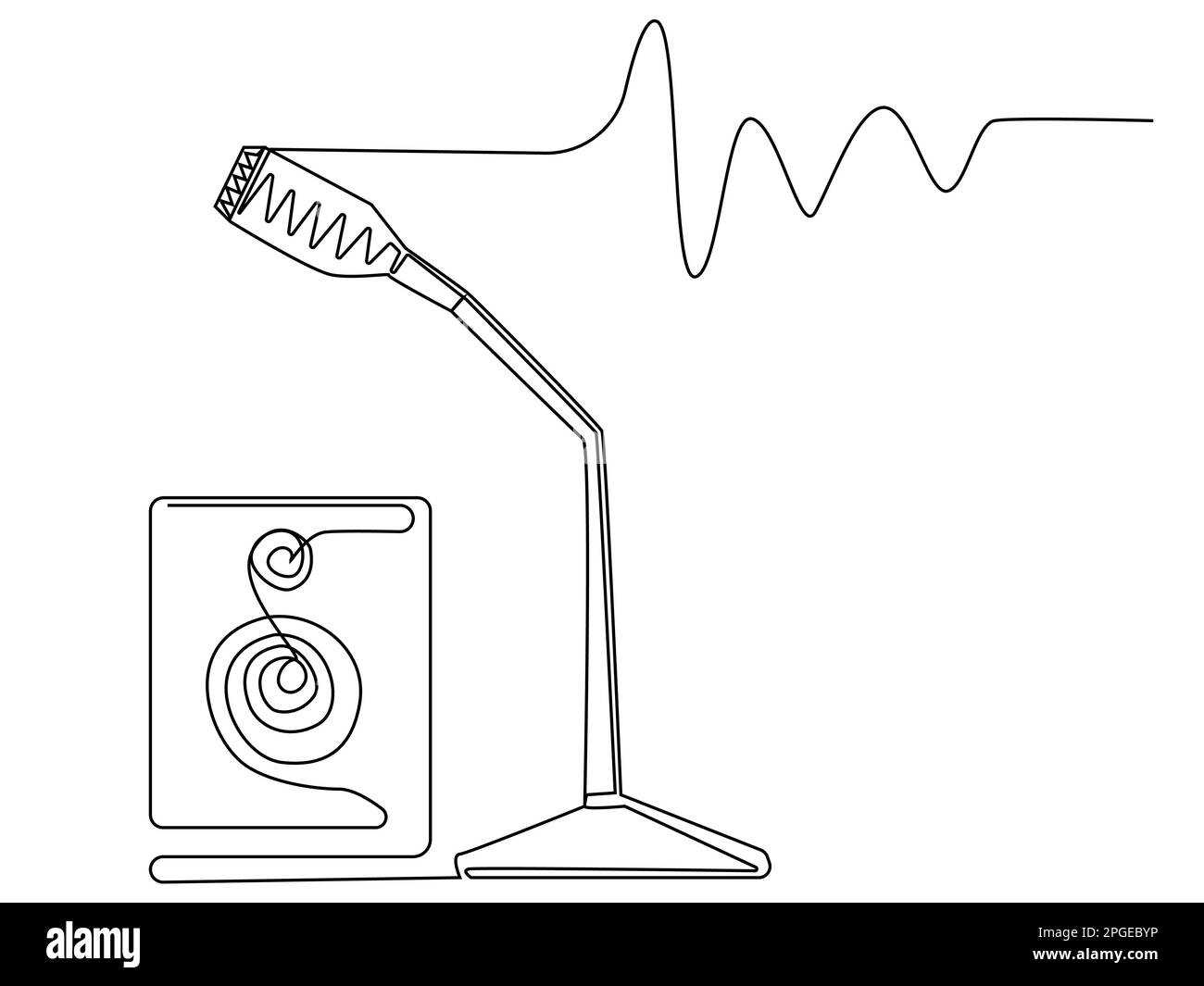 Piccolo microfono da tavolo in una riga su sfondo bianco. Illustrazione vettoriale con apparecchiatura sonora. Immagine musicale di scorta. Illustrazione Vettoriale