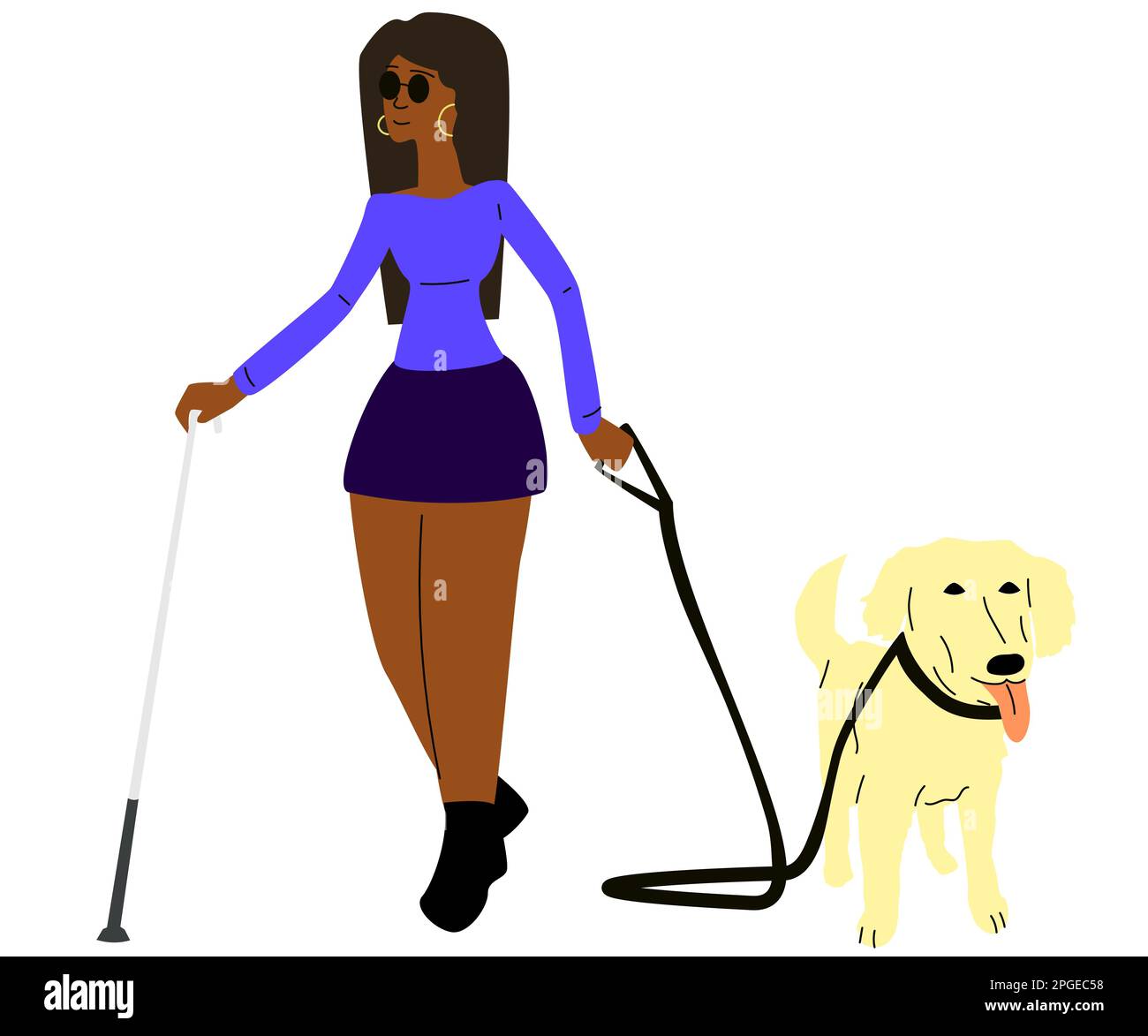 Una ragazza cieca carina con un labrador cammina per la strada in una mini gonna su un isolato bianco. Un elegante uomo handicappato ama gli animali domestici. Il cane guida conduce un A. Illustrazione Vettoriale