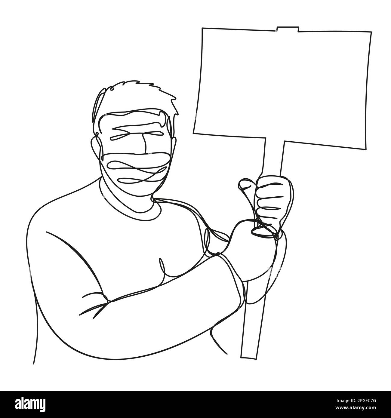Protester mascherato con un disegno del banner in linea continua su una parte posteriore bianca. Una persona oltraggiata che lotta per i suoi diritti e le sue libertà. Spirito rally tranquillo Illustrazione Vettoriale