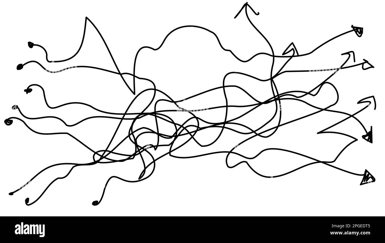 Frecce di rotta confuse su una linea su sfondo bianco. Frecce intrecciate. Illustrazione Vettoriale