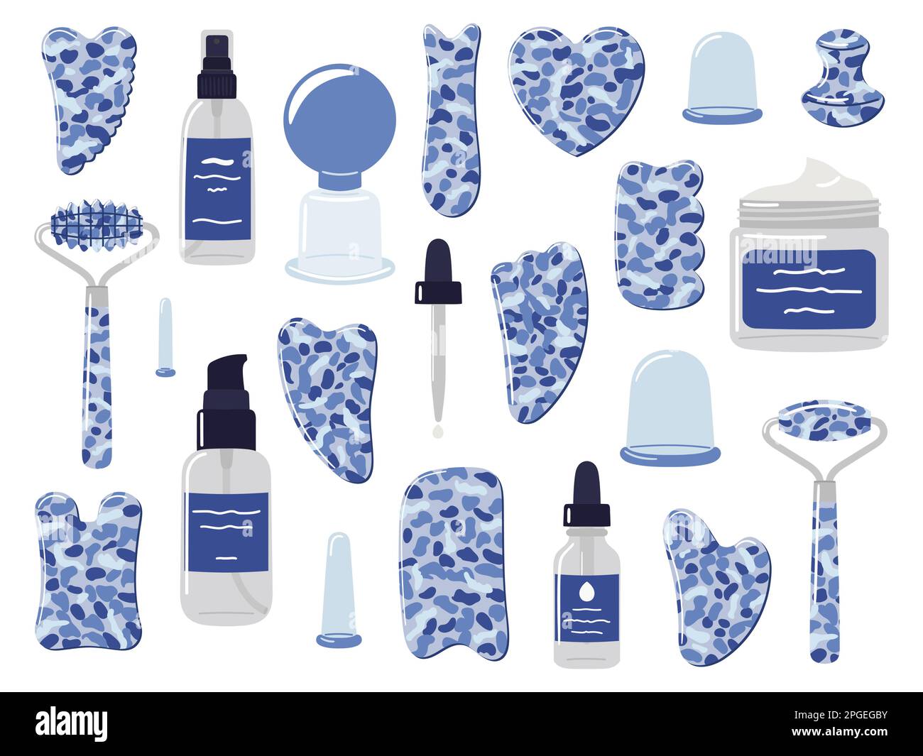 Grande set di prodotti biologici per la cura della pelle, olio per il viso, tazze da massaggio sottovuoto, pietre gua sha e rulli sono realizzati in sodalite blu. Home bellezza cura della pelle rout Illustrazione Vettoriale