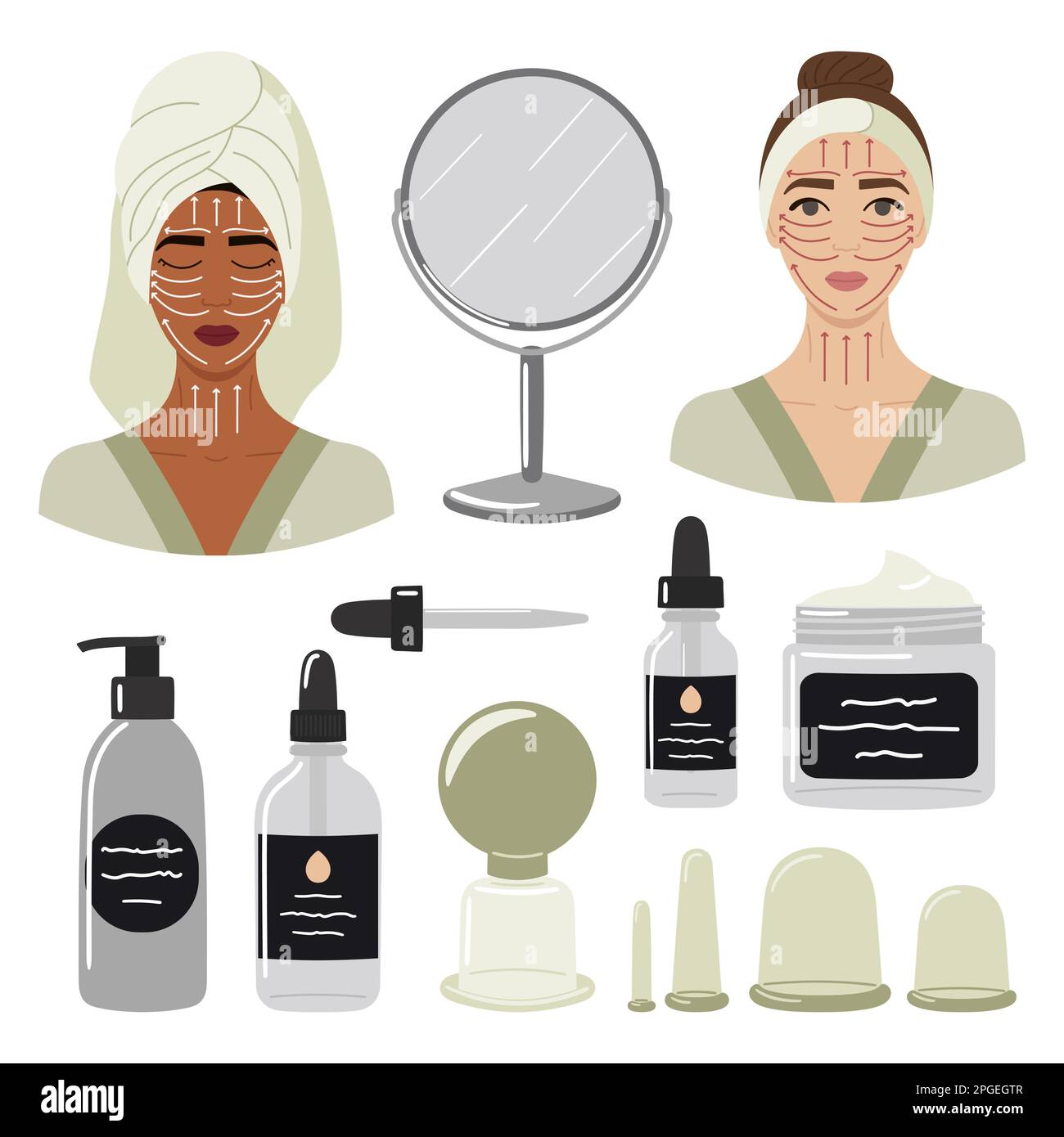 Grande set di prodotti biologici per la cura della pelle, olio per il viso e tazze da massaggio sottovuoto. Facce bianche e nere femminili con linee massaggianti. Home bellezza cura della pelle routin Illustrazione Vettoriale