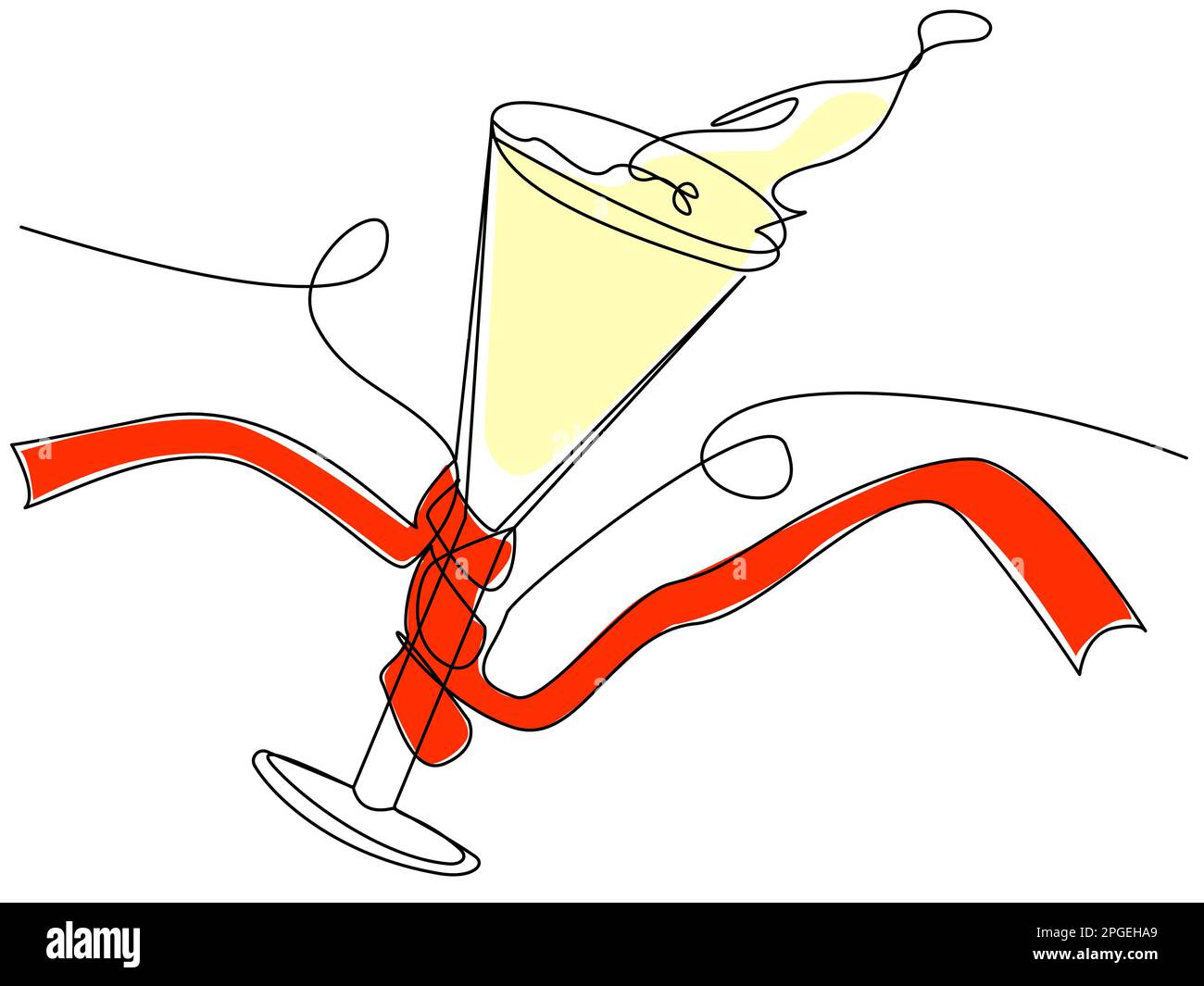 Un bicchiere di champagne avvolto da una striscia rossa disegnata da una linea Illustrazione Vettoriale