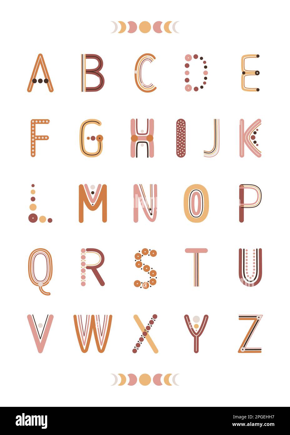 Lettera dell'alfabeto boho impostata su sfondo bianco. Arcobaleni bohémien per arredamento da parete, biglietti, poster, stampe. Illustrazione vettoriale disegnata a mano. Illustrazione Vettoriale