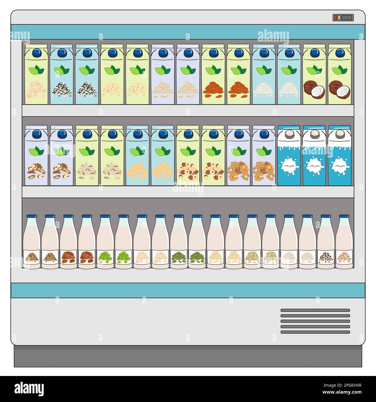 Vetrina frigo per il raffreddamento dei prodotti lattiero-caseari. Latticini e latte vegano alternative su scaffali frigo in supermercato. Bottiglie di latte, scatole di cartone. Acquisti di latte Illustrazione Vettoriale