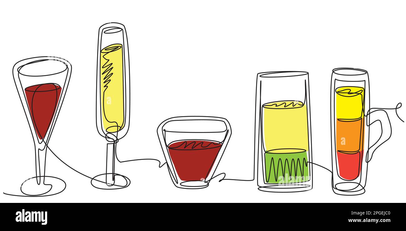 Bevande alcoliche in una linea di colori diversi su sfondo bianco. Illustrazione Vettoriale