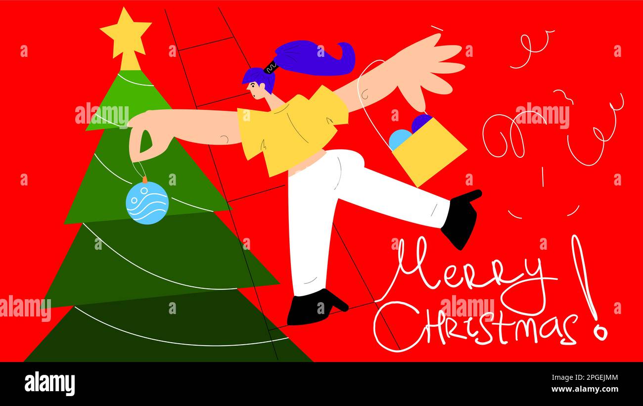 Carta di Natale con donne sproporzionate e giocattoli di Capodanno. Una ragazza decora un albero di Natale con palle su una scala su uno sfondo rosso. Festi Illustrazione Vettoriale
