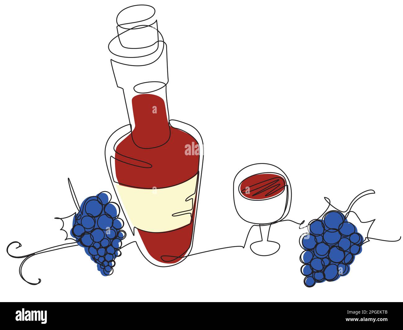 Una bottiglia di vino e bicchiere con uva in una riga su sfondo bianco. Illustrazione Vettoriale