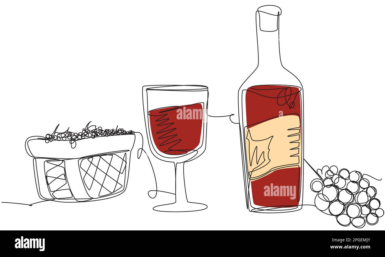 Un bicchiere di vino con una bottiglia e un cesto di uva in una riga su sfondo bianco. Illustrazione Vettoriale