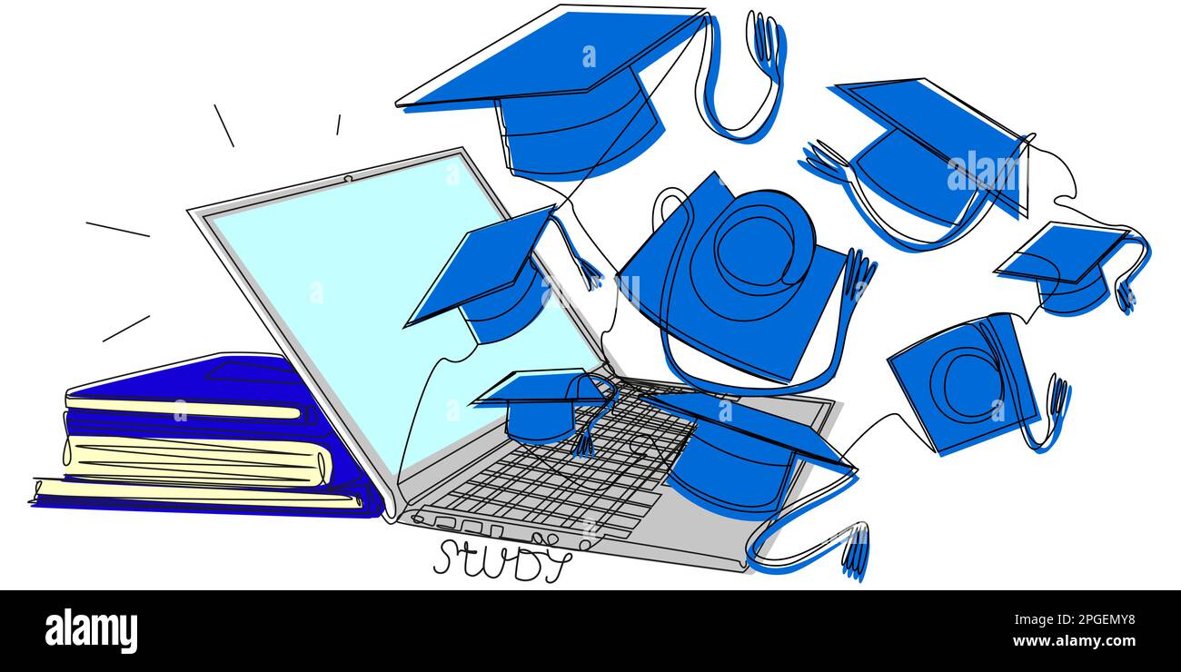Cappelli da studente volanti da un notebook in un'unica riga con silhouette colorate su sfondo bianco. Illustrazione Vettoriale