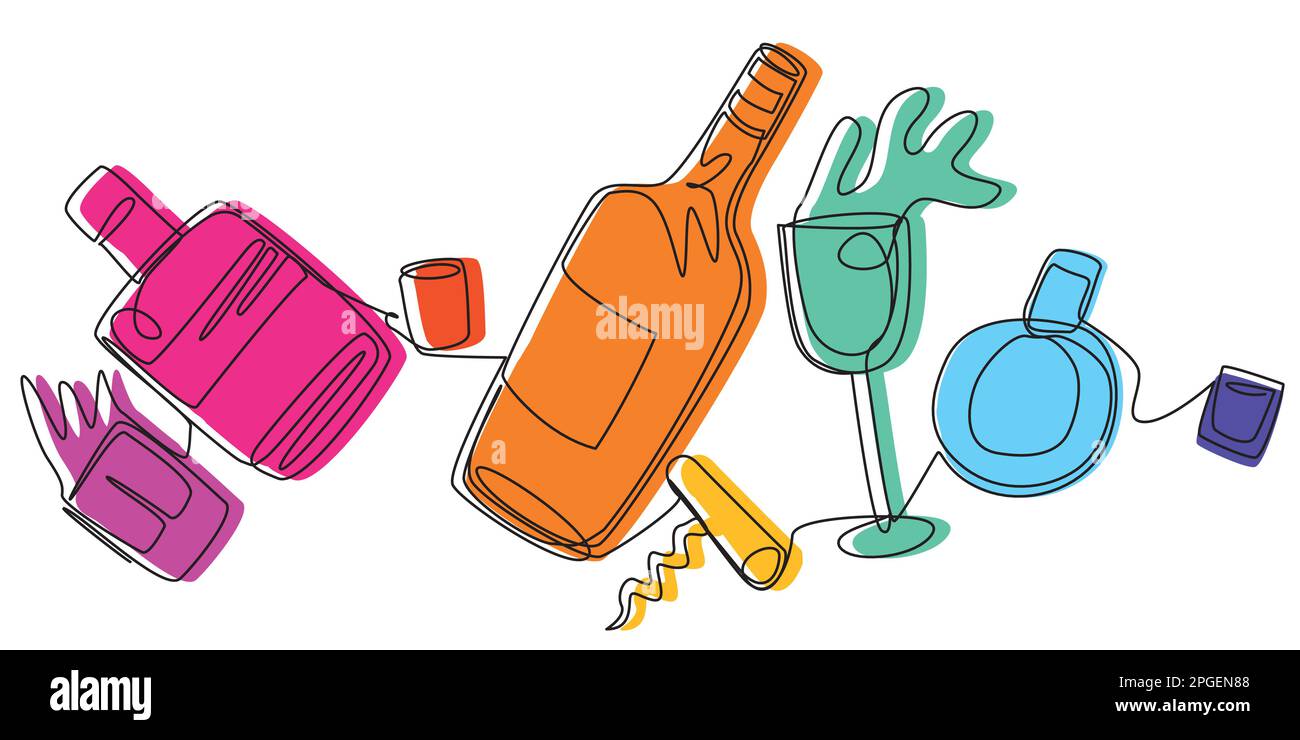 Bottiglie e bicchieri a una linea galleggianti nell'aria. Bevande alcoliche in colori arcobaleno. Illustrazione Vettoriale