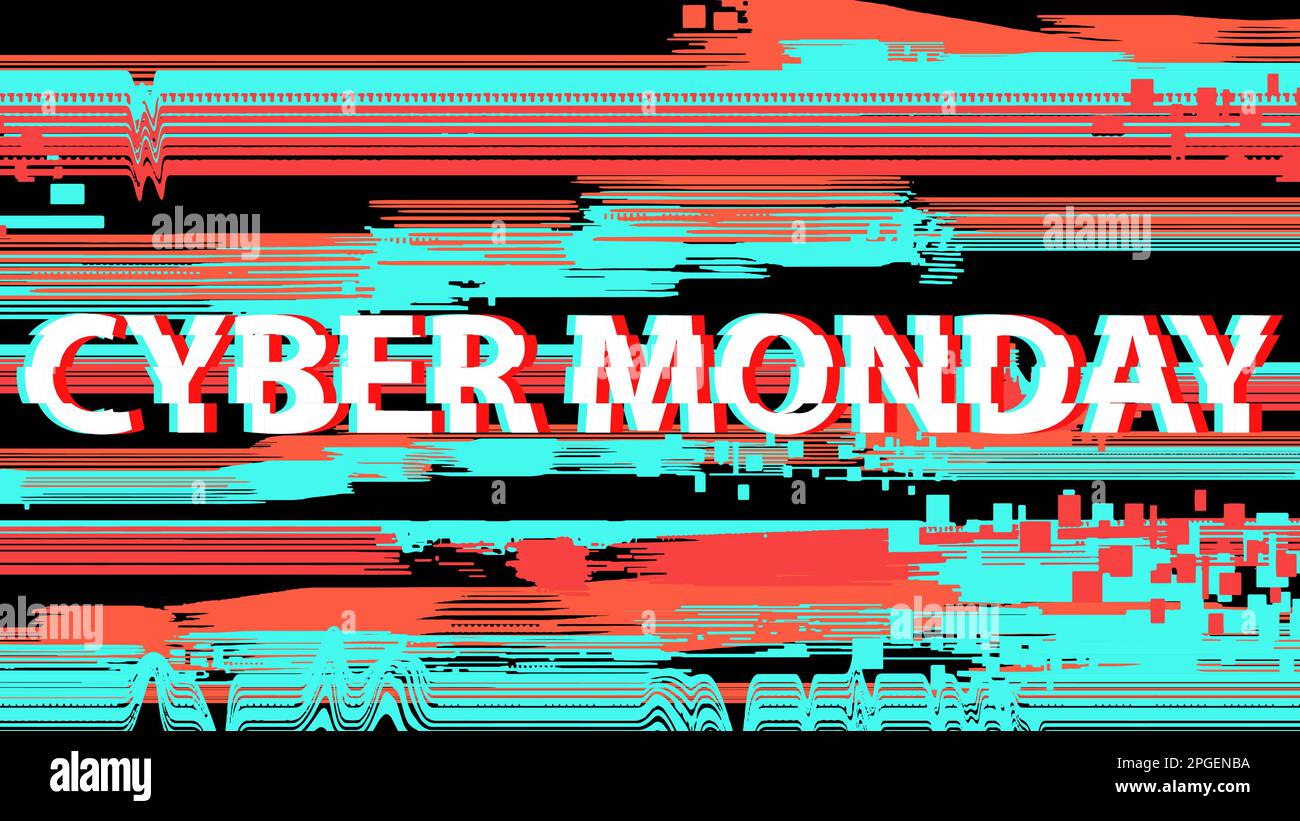 Cyber Monday con effetto glitch di colore blu e rosso. Illustrazione Vettoriale