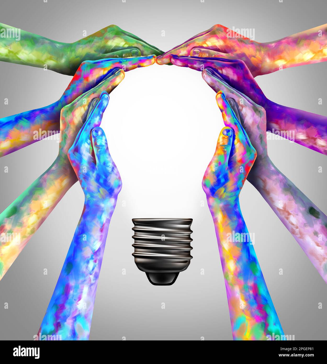 Persone creative unite che pensano insieme come un gruppo d'arte diversificato che si riuniscono unendo le mani dipinte nella forma di una lampadina d'ispirazione Foto Stock