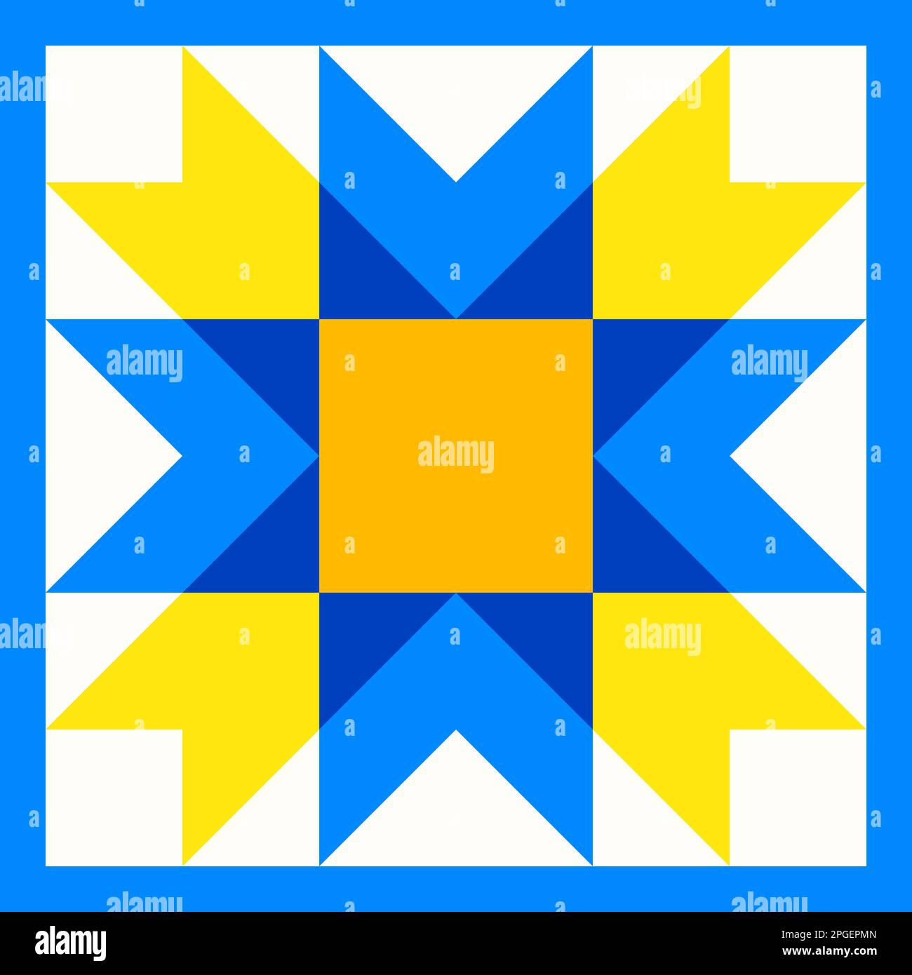 Motivo a stella geometrico ispirato alla trapunta in mosaico. Sfondo astratto giallo e blu nei colori tradizionali ucraini. Patch vettoriale senza giunture Illustrazione Vettoriale
