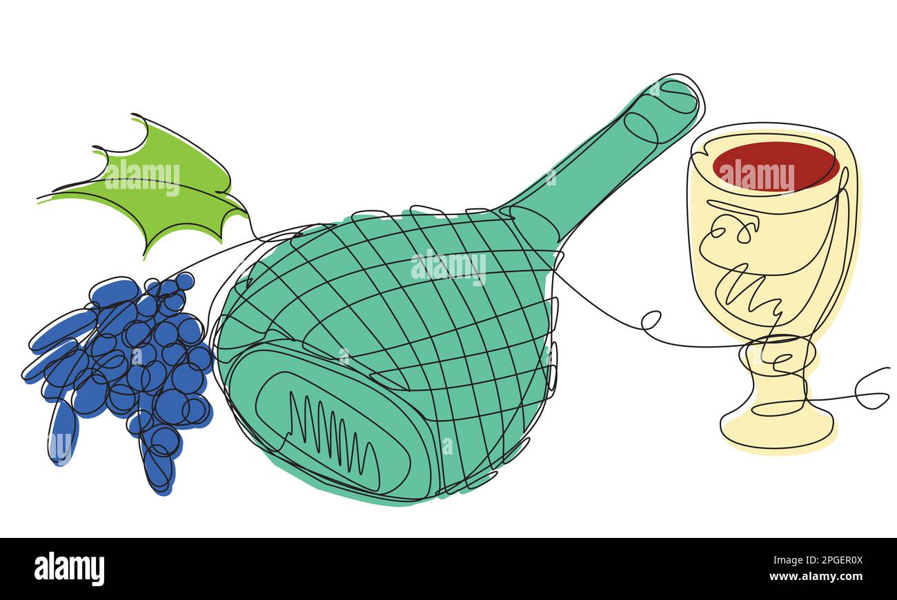 Bottiglia di vino e uva in vimini in una riga su fondo bianco. Illustrazione Vettoriale