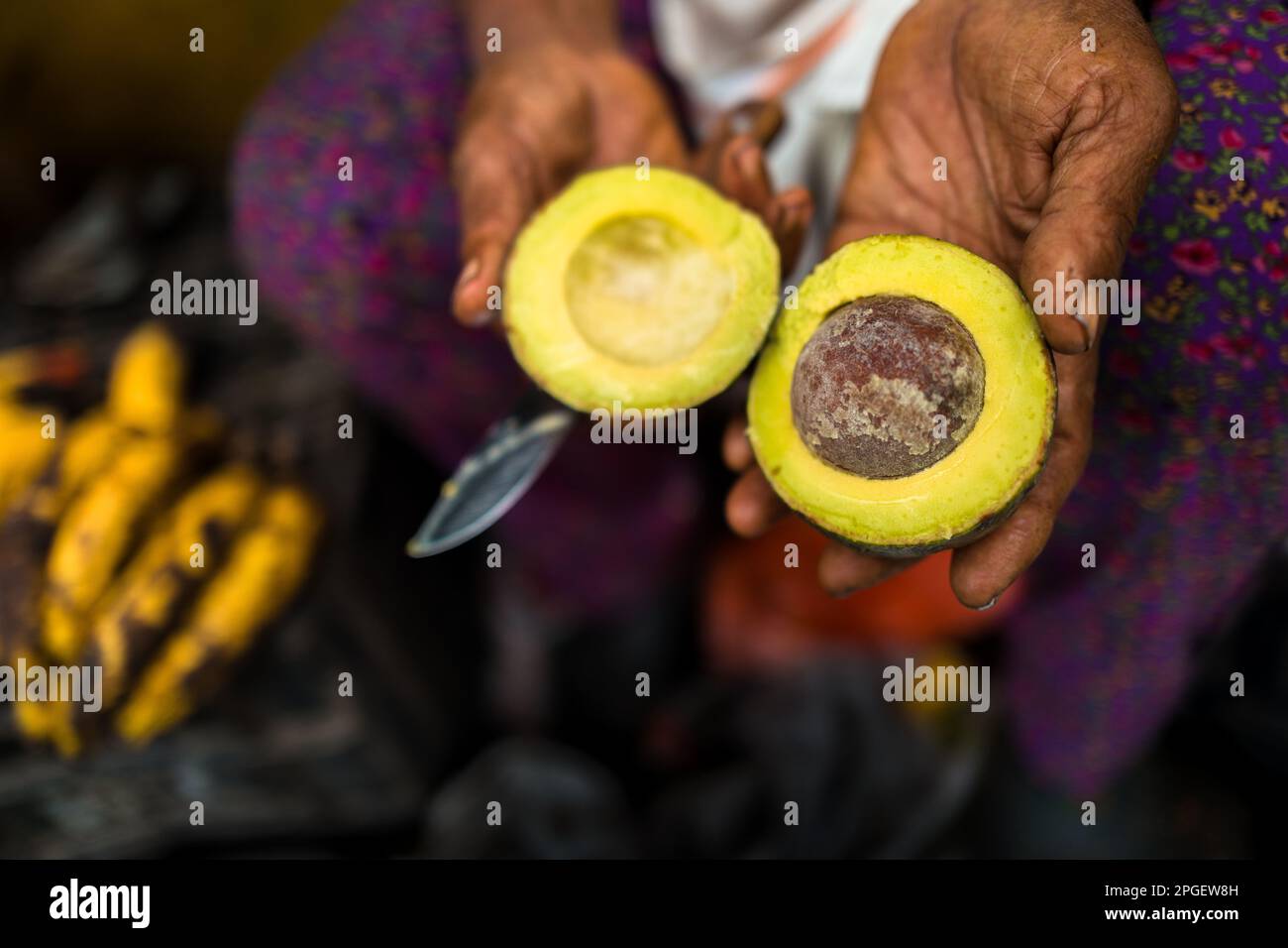 Un venditore di mercato colombiano mostra un avocado fresco e dimezzato per la vendita nel mercato di strada a Cali, Colombia. Foto Stock