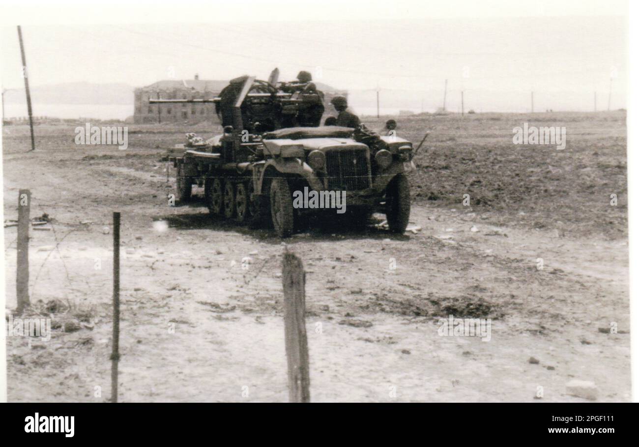 Foto B&W della seconda guerra mondiale Un Half Track tedesco con una pistola antiaereo da 20 mm in un'operazione di attacco al suolo... L'equipaggio è membro della 5th SS Division Wiking sul fronte meridionale vicino Kerch Foto Stock