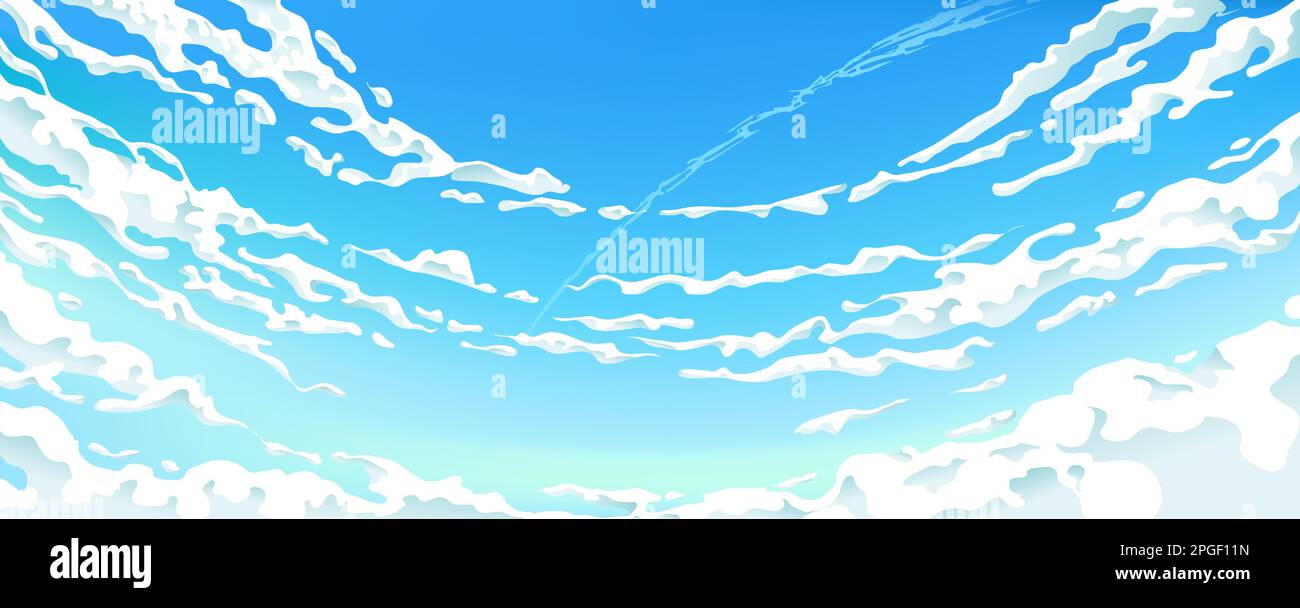 Cielo blu Nubi bianche Sereno Paesaggio del giorno del sole. Cielo vettoriale in stile anime. Illustrazione Vettoriale