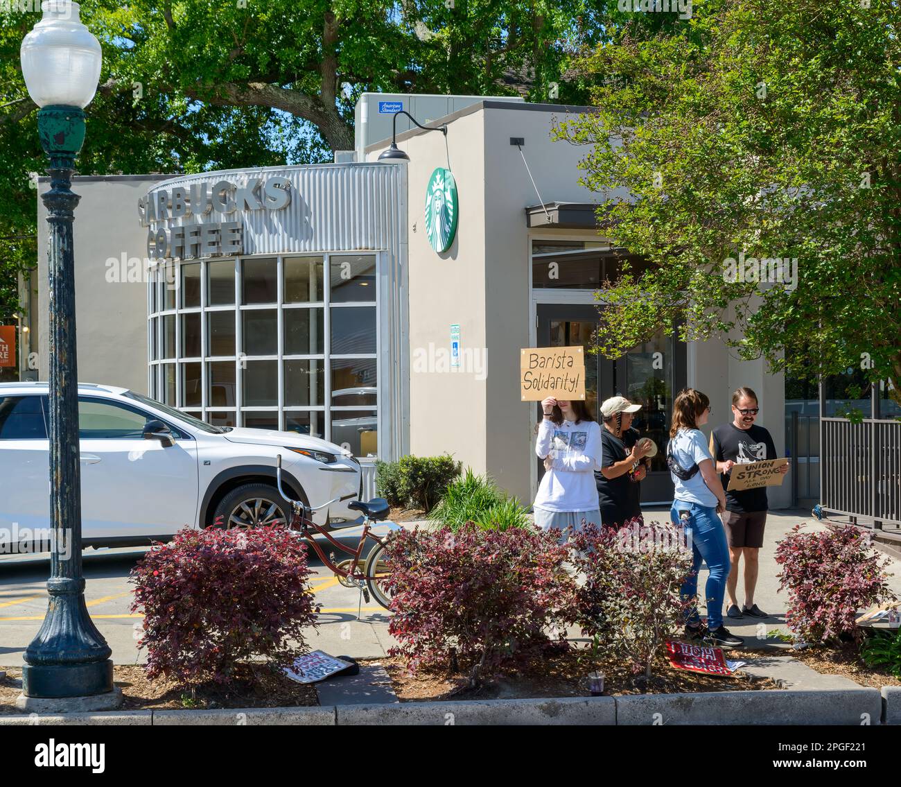 NEW ORLEANS, LA, USA - 22 MARZO 2023: Manifestanti sindacali di fronte a Starbucks su Maple Street Foto Stock