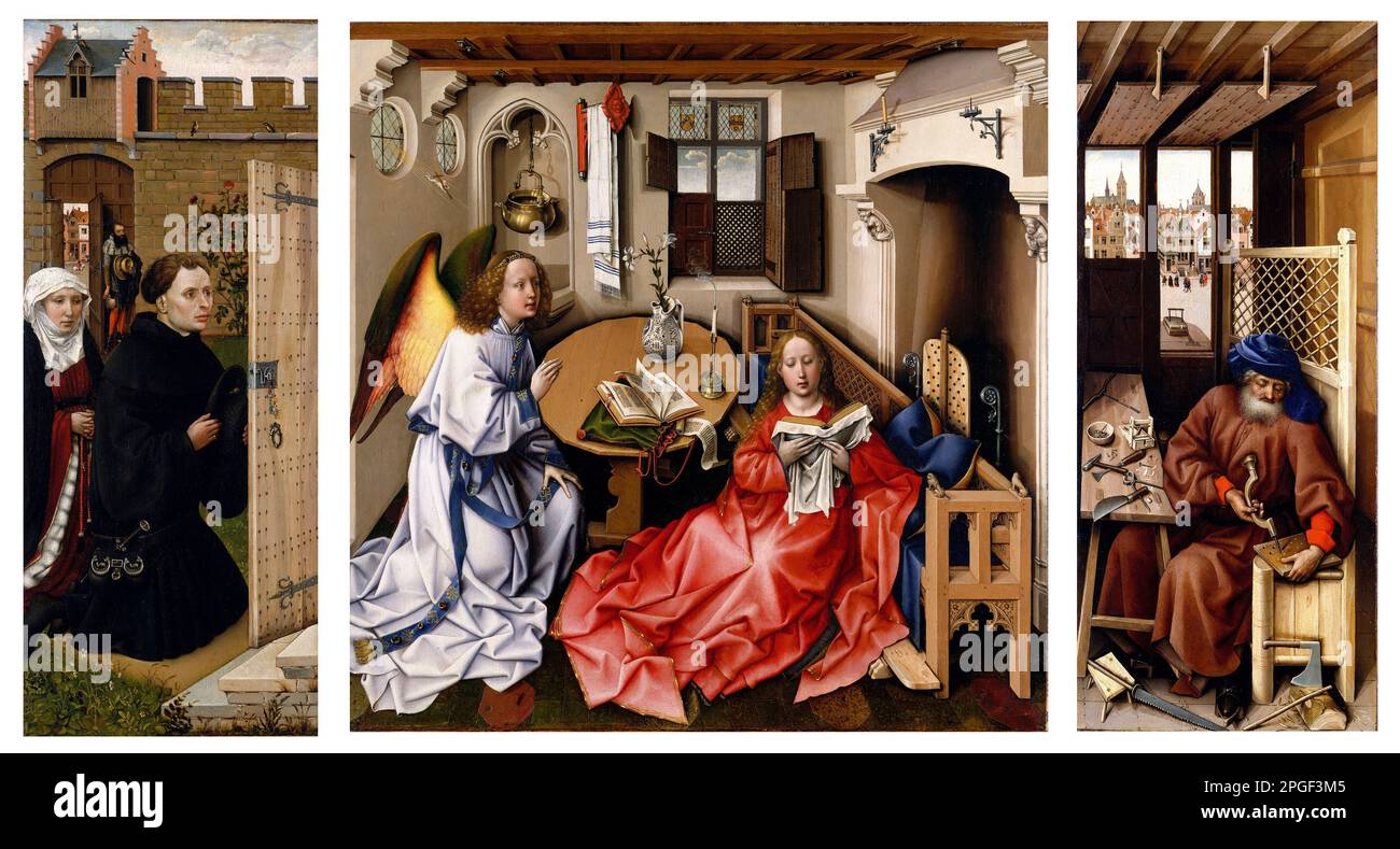 Annunciazione Trittych (pala d'altare Merode) del primo pittore olandese Robert Campin (1375-1444), olio su quercia, 1427-32 Foto Stock
