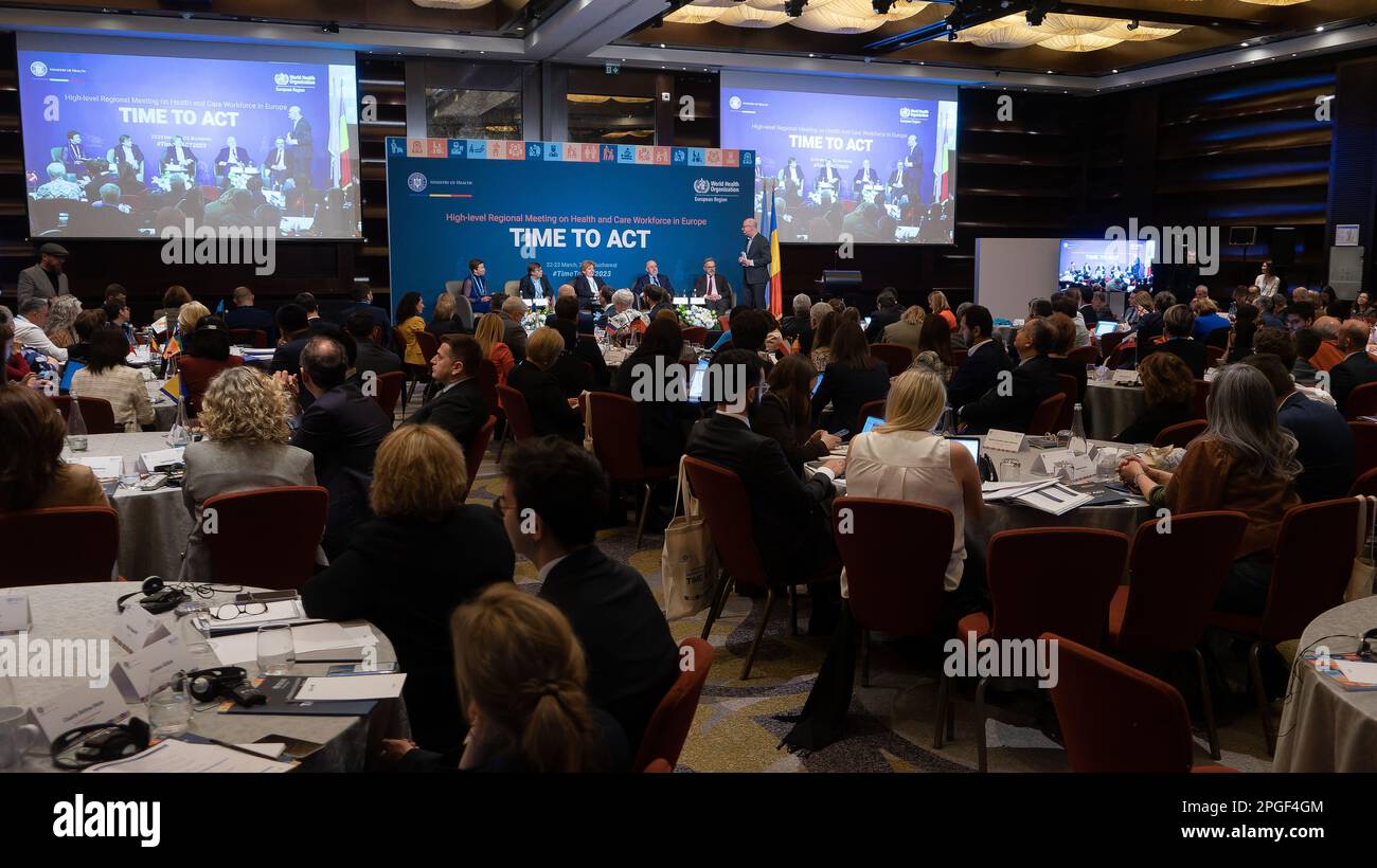 Bucarest, Romania. 22nd marzo 2023: INCONTRO regionale di alto livello DELL'OMS Europa sulla salute e l'assistenza ai lavoratori: Tempo di agire, tenutosi a Bucarest. Credit: Lucian Alecu/Alamy Live News Foto Stock