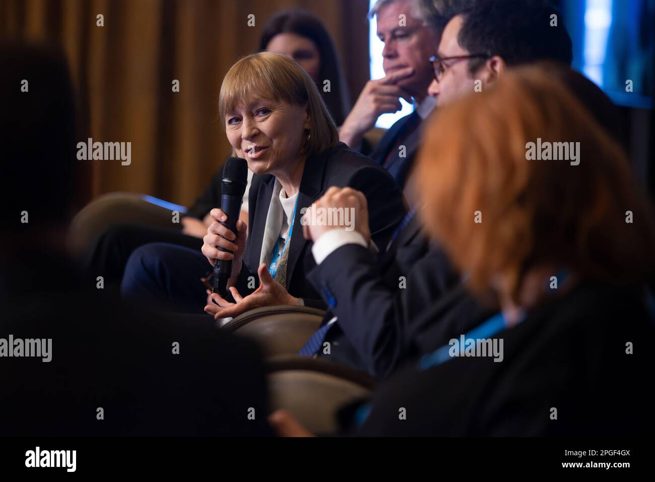 Bucarest, Romania. 22nd marzo 2023: Ala Nemerenco, Ministro della Sanità moldavo, interviene all'INCONTRO regionale di alto livello DELL'OMS Europa sulla salute e la salute: Tempo di agire, tenutosi a Bucarest. Credit: Lucian Alecu/Alamy Live News Foto Stock