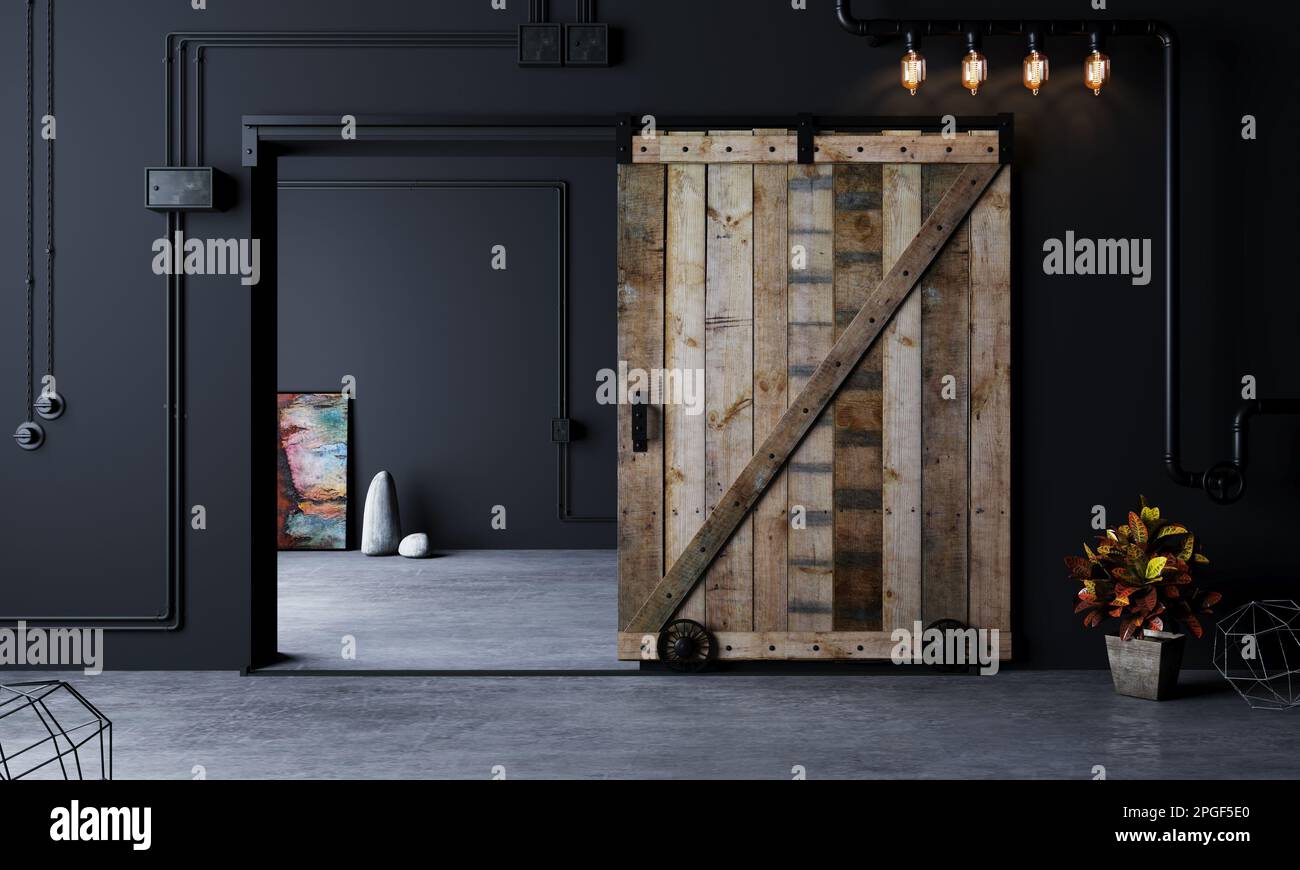 Fienile porta scorrevole in legno nella camera Loft Foto Stock