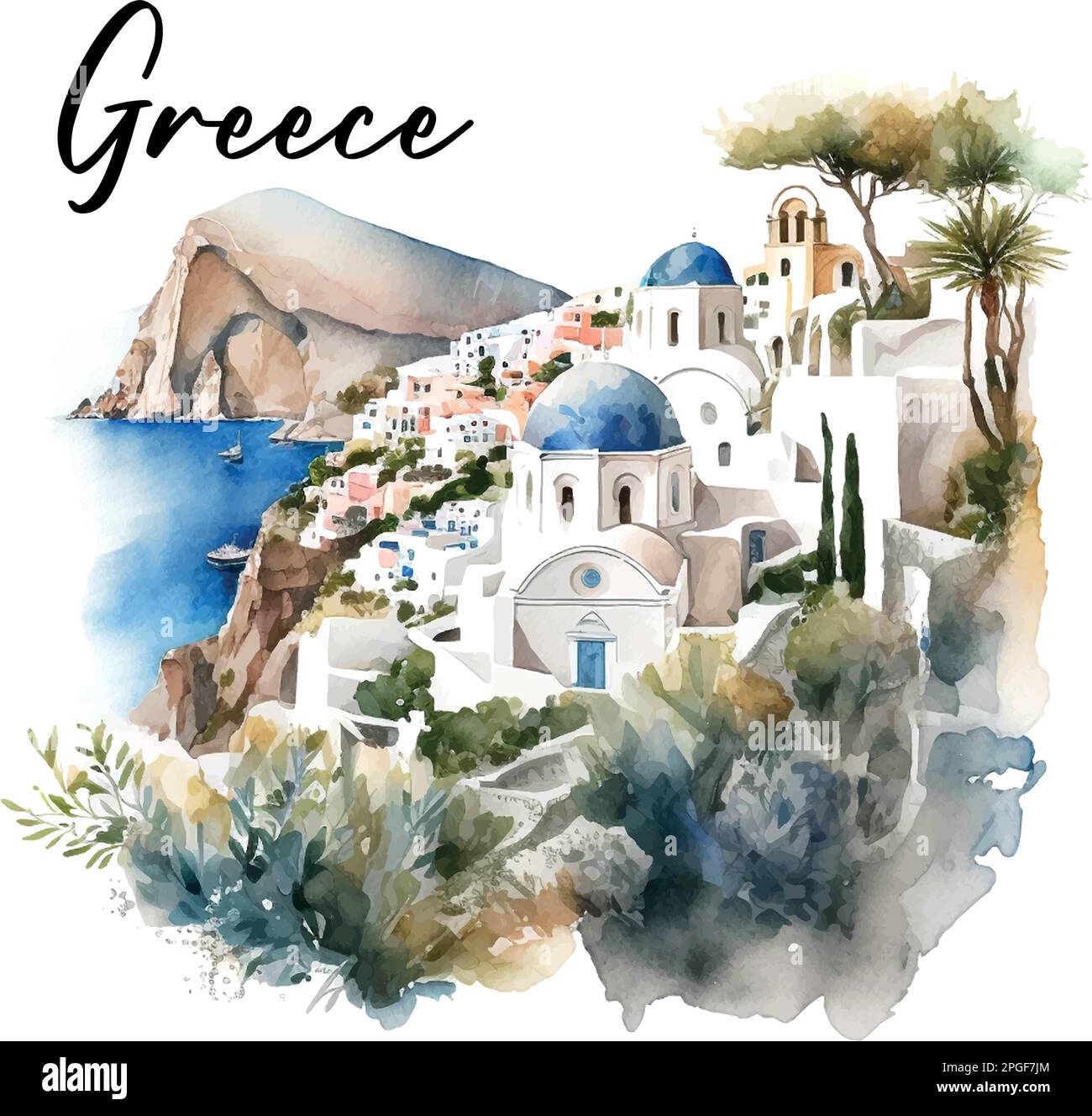 Pittoresco paesaggio della Grecia acquerello arte mare Illustrazione Vettoriale