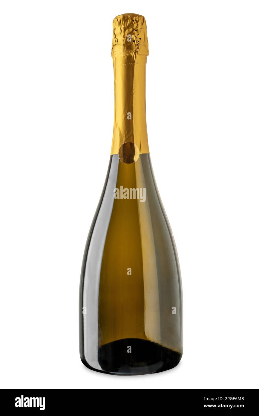 Bottiglia di champagne e vino frizzante millesimato, isolato sul bianco con percorso di ritaglio incluso Foto Stock