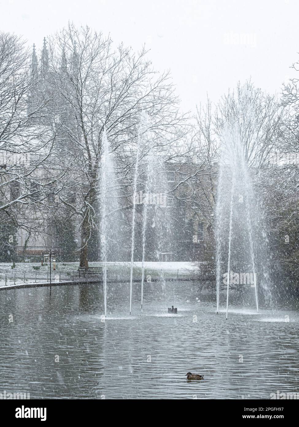 La fontana d'acqua e il lago nei giardini di Jephson in condizioni di gelo e in una neve blizzard. Foto Stock