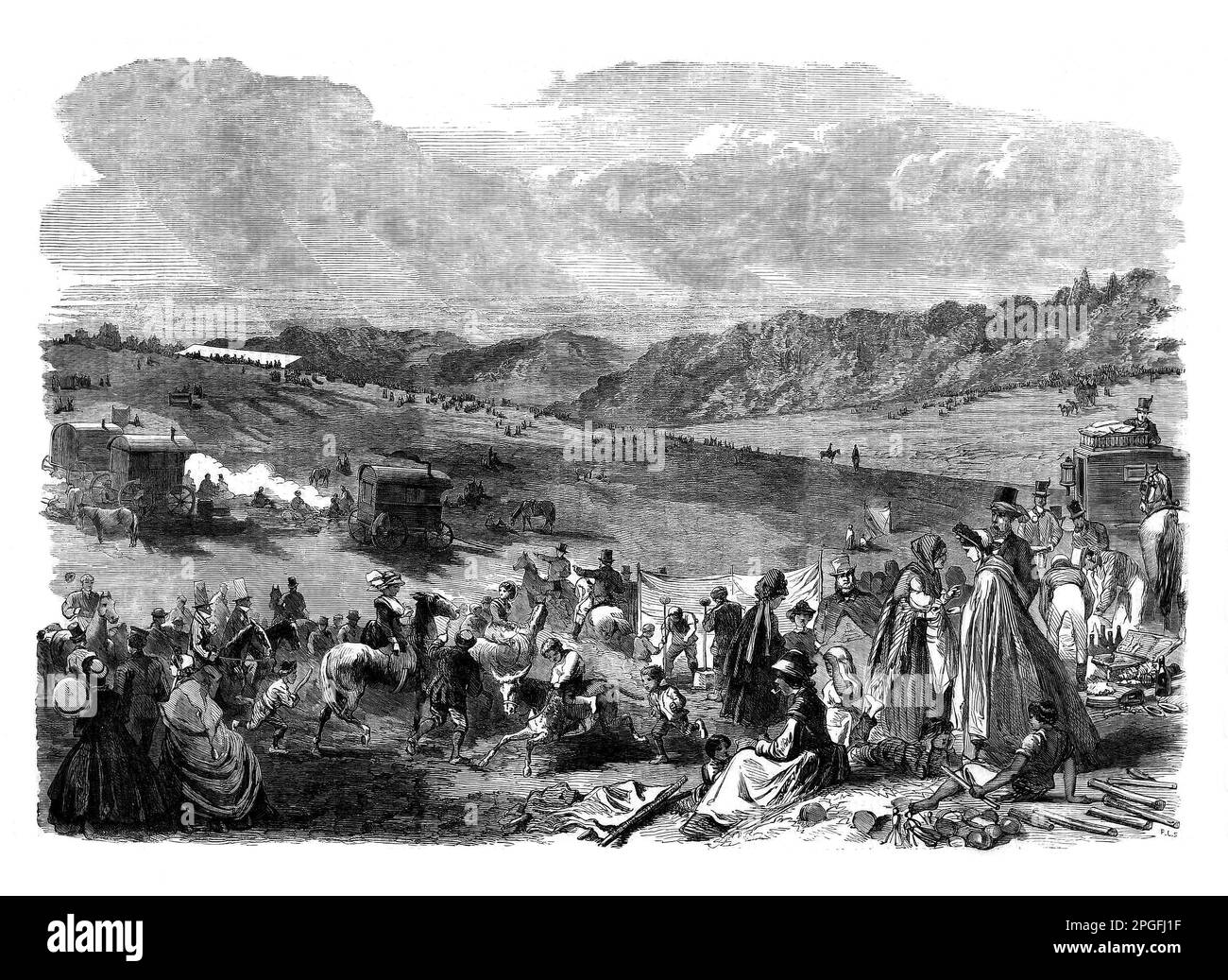 Folle di persone, si riuniscono vicino a un campo zingaro su Epsom Downs, Surrey, Inghilterra, il Derby mattina 1863 Foto Stock