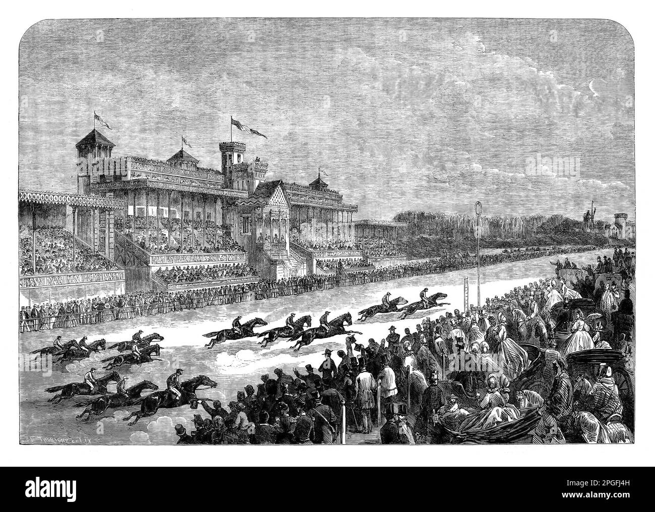 The Great 1863 International Horserace at Longchamp, situato sulla Route des Tribunes nel Bois de Boulogne a Parigi. Abbozzato prima del film di Eadweard Muybridge, ha illustrato come il cavallo realmente galoppa. Foto Stock
