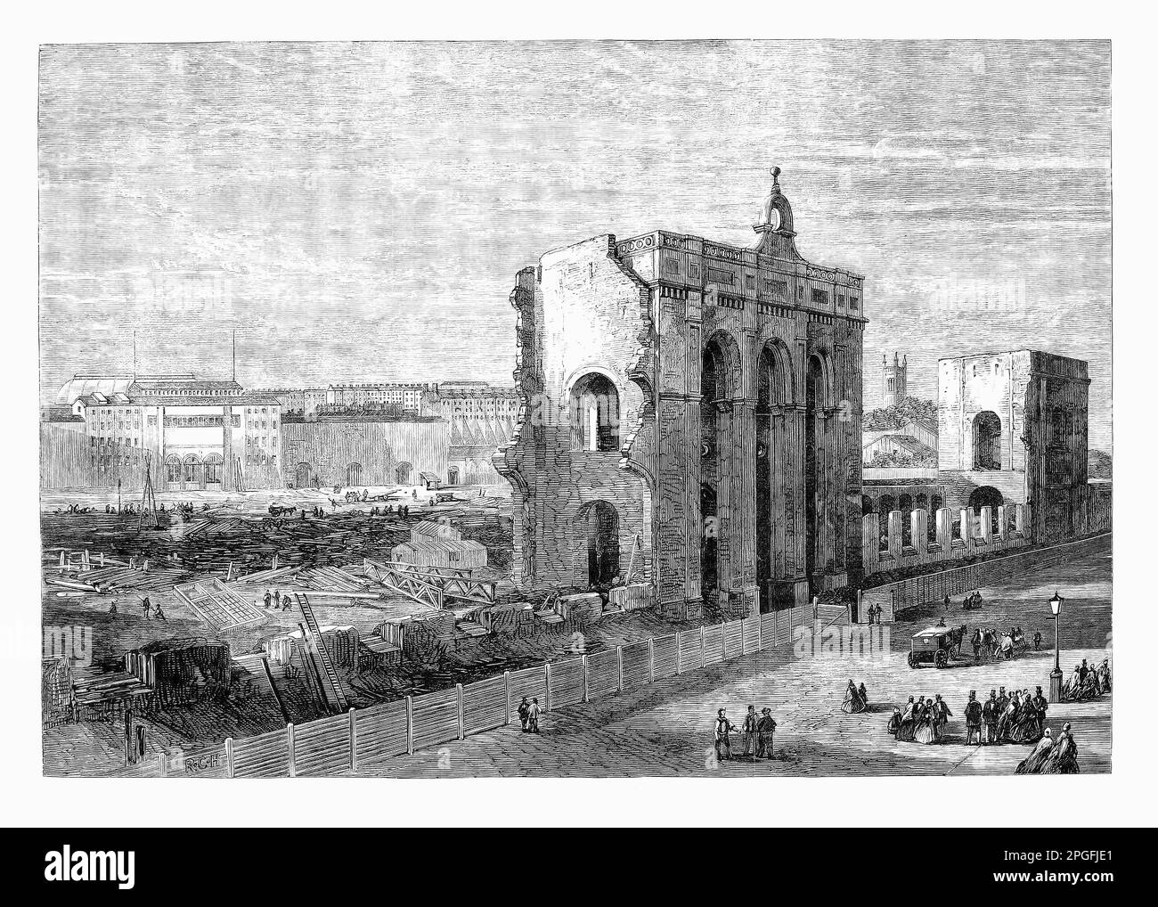 La demolizione e le rovine della grande sala espositiva del 1862 dopo l'esposizione Internazionale del 1862, o Great London Exposition. La fiera del mondo si è tenuta accanto ai giardini della Royal Horticultural Society, South Kensington, Londra, Inghilterra, in un sito che oggi ospita musei tra cui il Museo di Storia Naturale e il Museo della Scienza. Foto Stock