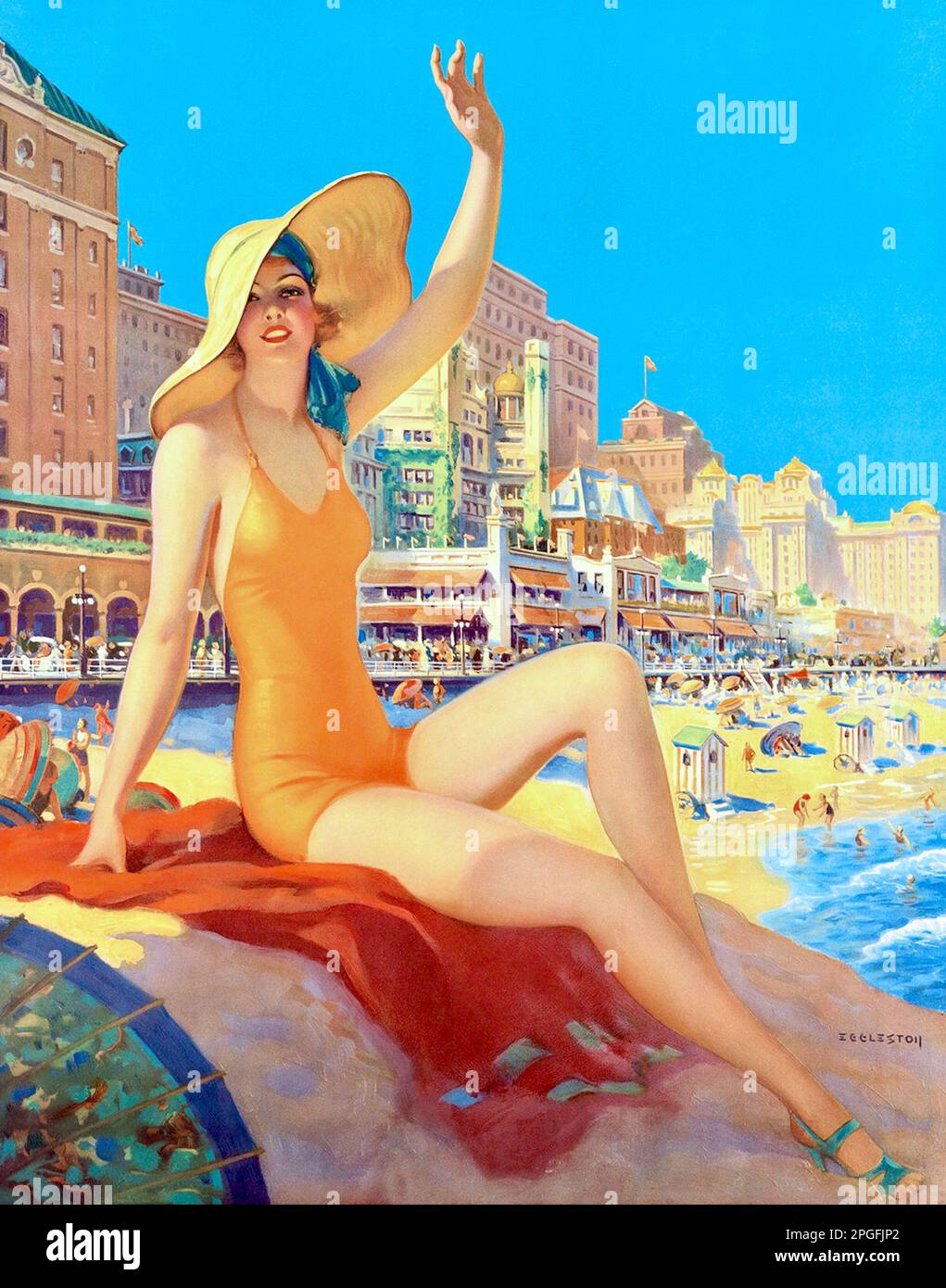 Edward M Eggleston - Pennsylvania Railroad - Atlantic City Travel Poster (ritagliato) 1936 - Beach life Foto Stock