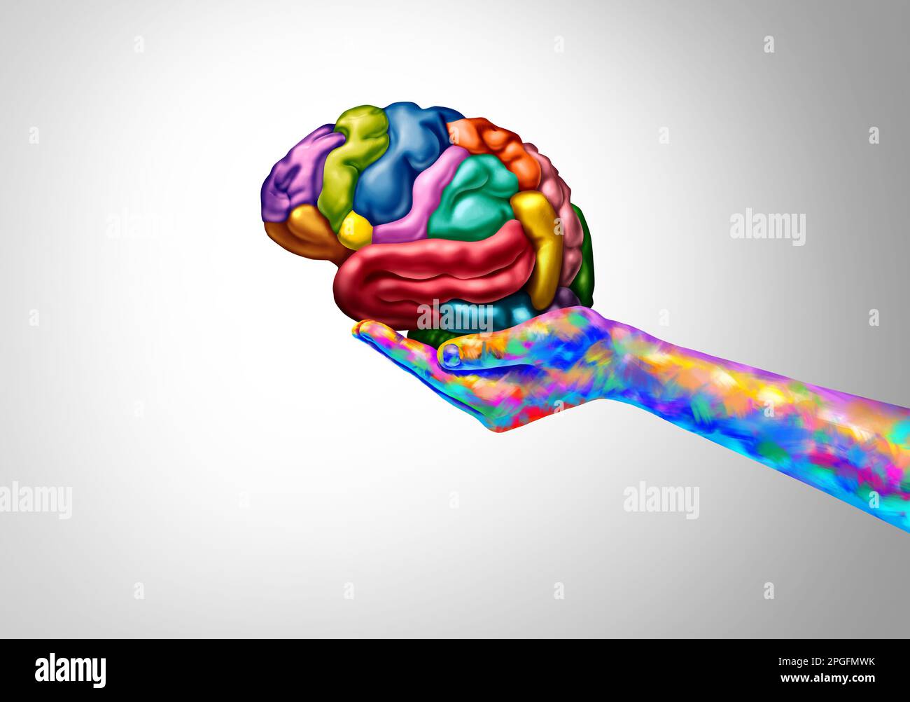 Arte terapia e mente creativa come simbolo di educazione e creatività come salute mentale e terapia cognitiva per il benessere e l'ansia del cervello Foto Stock