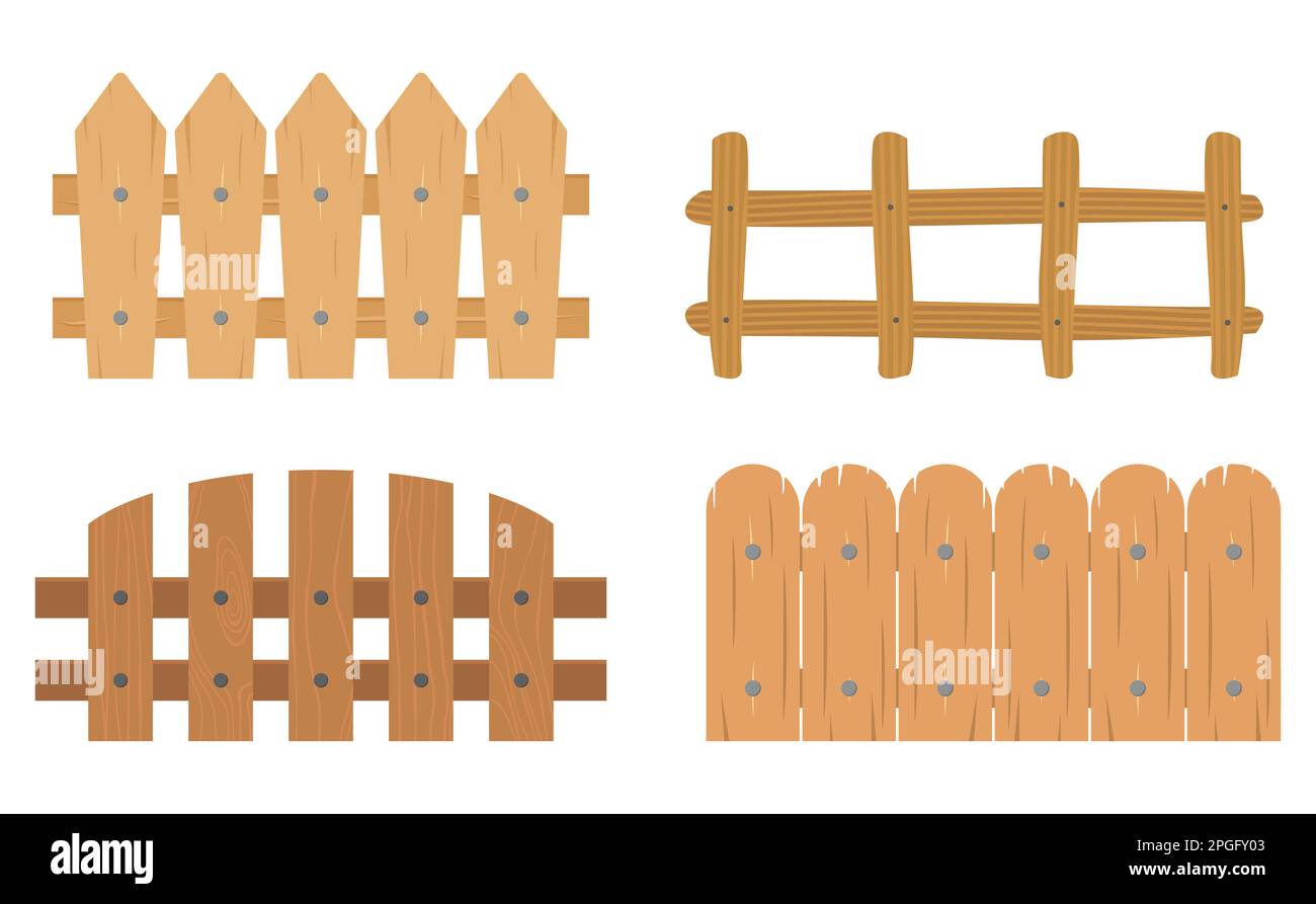 Collezione, set di diverse recinzioni in legno per giardino. Design in stile piatto Illustrazione Vettoriale