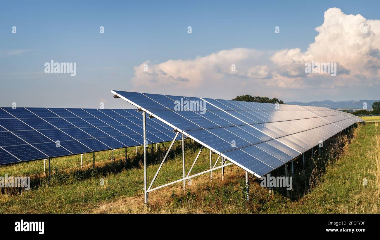 Pannello solare campo. Centrale elettrica a risorse sostenibili. Elettricità da energia solare rinnovabile. Vista panoramica Foto Stock