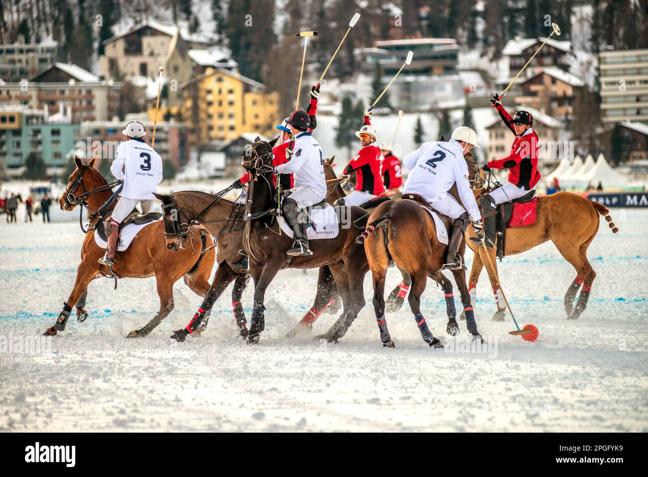 I membri del "Cartier" il gioco di squadra contro il Team 'Maserati' durante la neve Polo World Cup 2016, St.Moritz, Svizzera Foto Stock