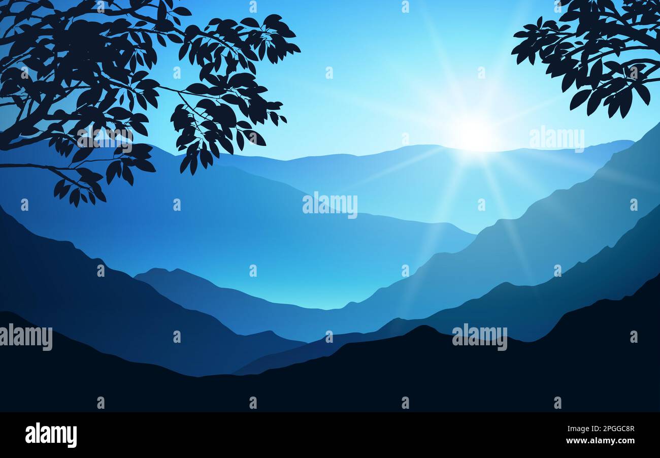 Illustrazione dell'alba di montagna vettoriale con gli alberi nella silhouette Illustrazione Vettoriale