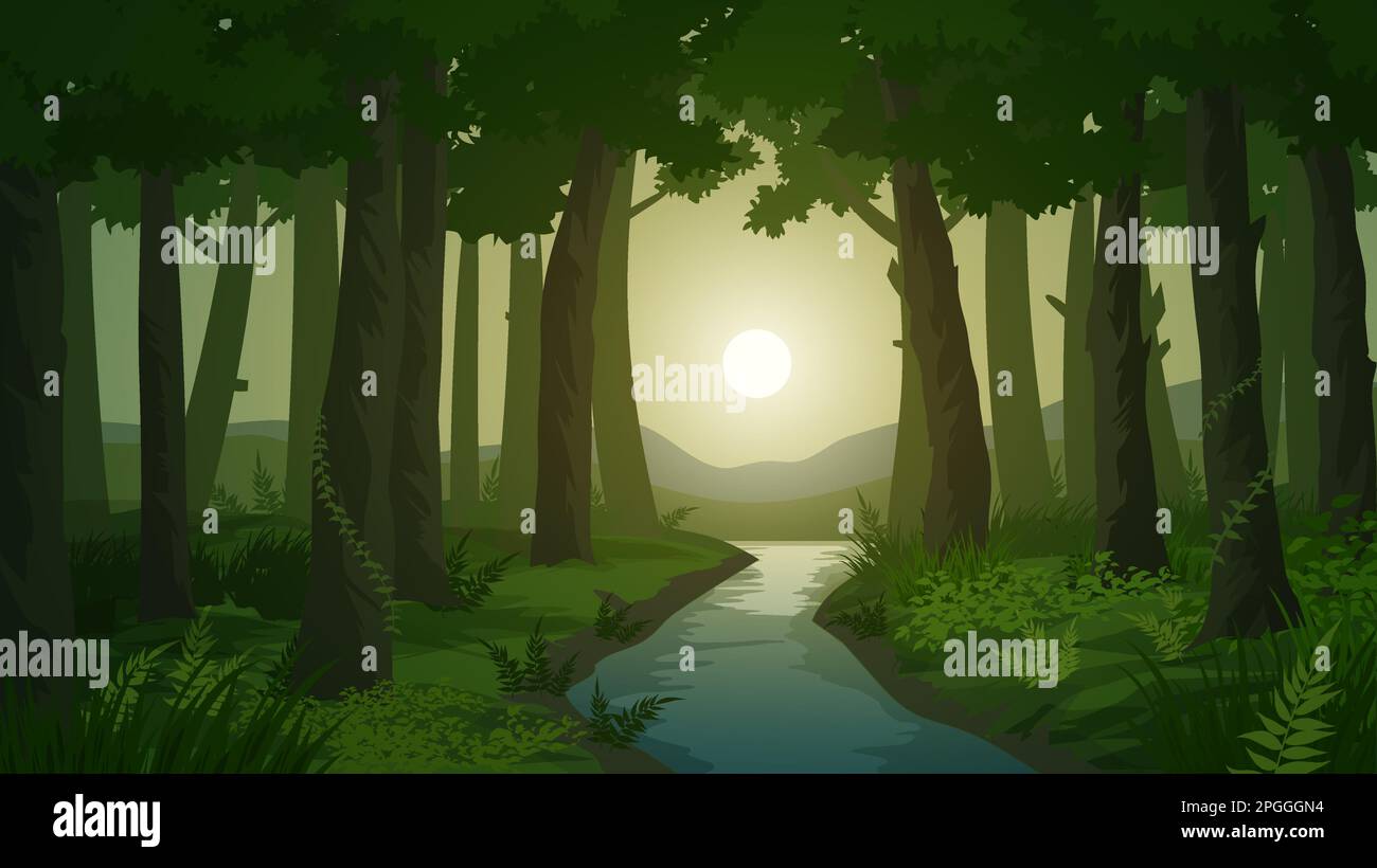 Drammatica illustrazione dell'alba nella foresta con un piccolo fiume Illustrazione Vettoriale