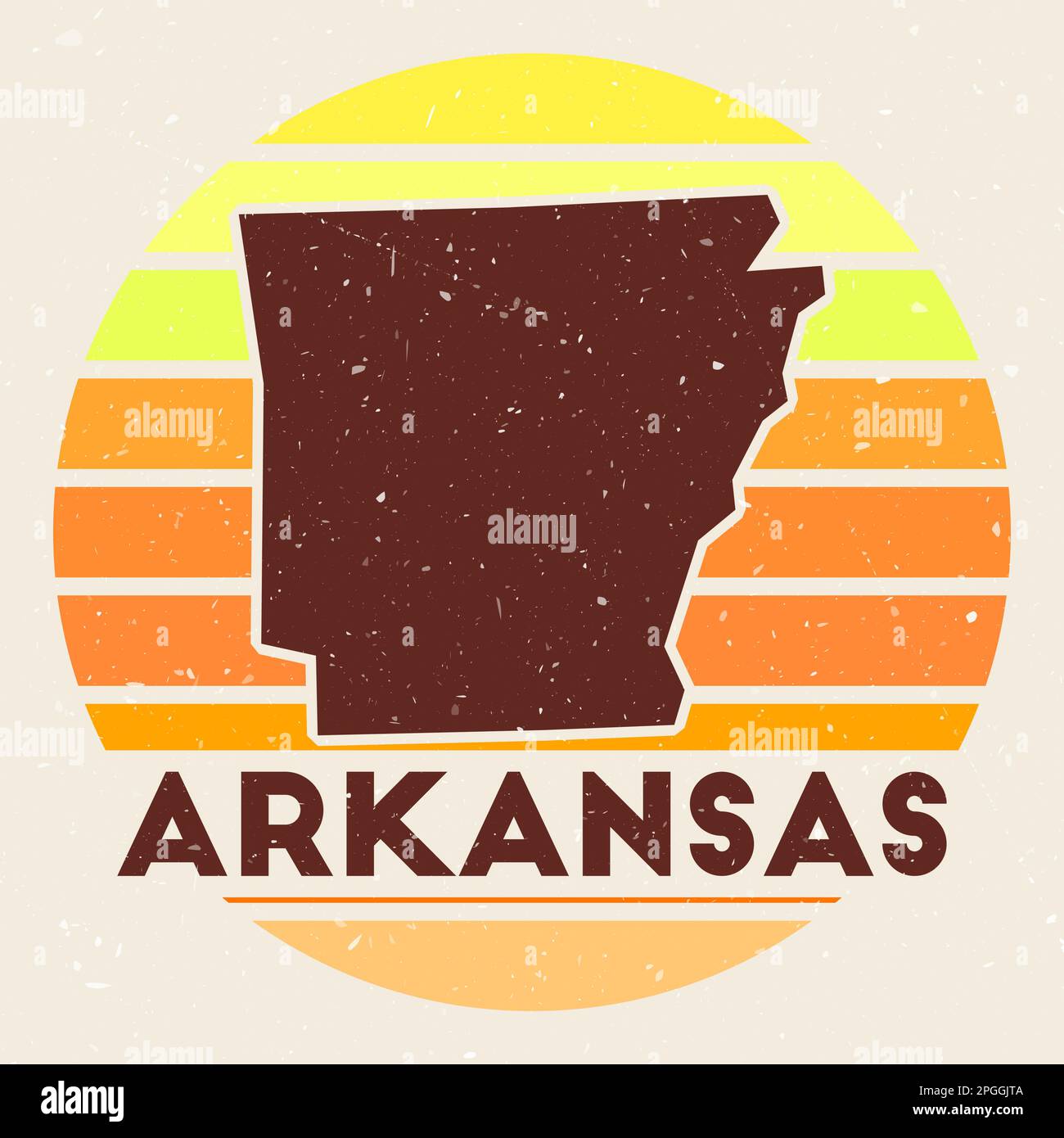 Logo Arkansas. Firma con la mappa dello stato degli Stati Uniti e le strisce colorate, illustrazione vettoriale. Illustrazione Vettoriale
