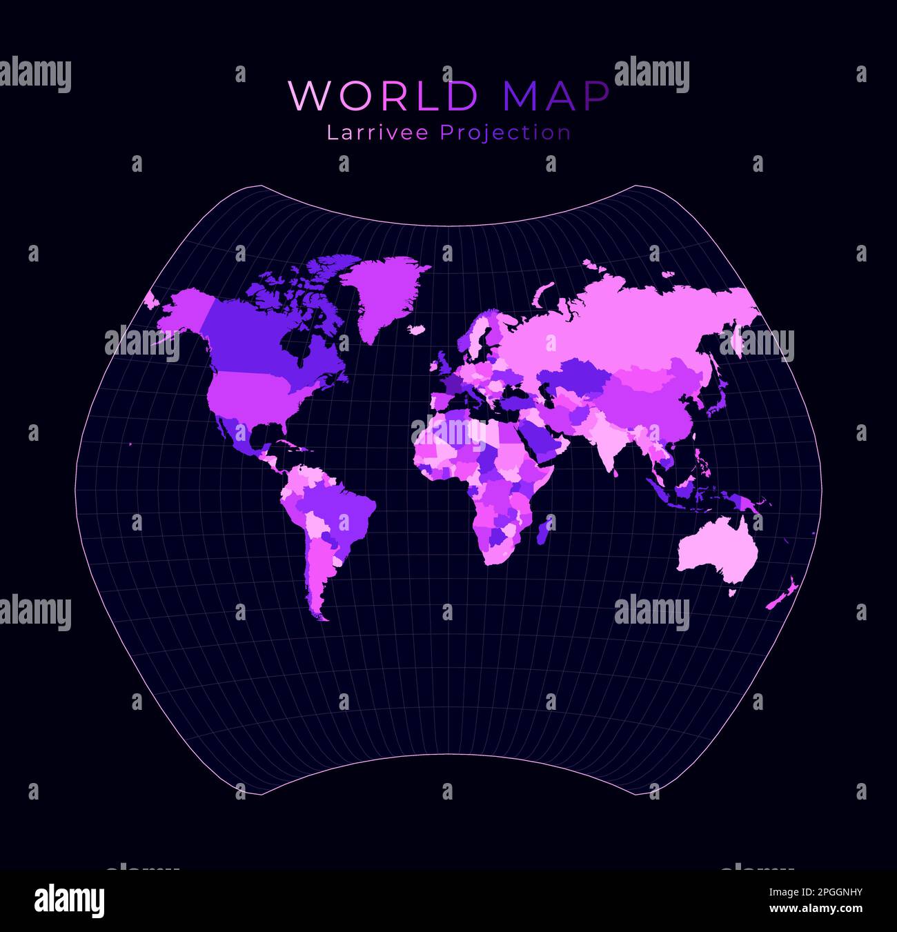Mappa del mondo. Proiezione Larrivee. Illustrazione del mondo digitale. Colori rosa brillante al neon su sfondo scuro. Illustrazione del vettore radiante. Illustrazione Vettoriale