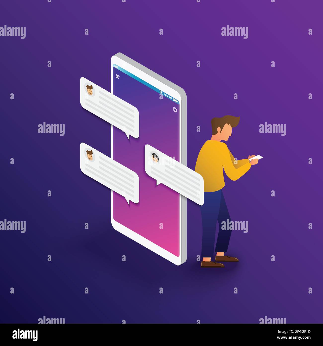 Uomo d'affari che chiacchiera con lo smartphone. Applicazione di messaggistica, app di chat mobile, software Messenger mobile. Vettore violetto isometrico 3D ill Illustrazione Vettoriale