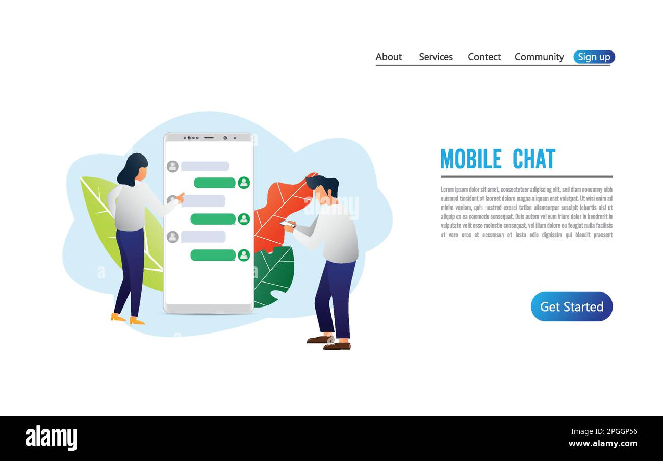 Uomo d'affari e donna e chiacchierare con lo smartphone. Applicazione di messaggistica, app di chat mobile, concetto di messaggero mobile. illustrator vertor. Illustrazione Vettoriale