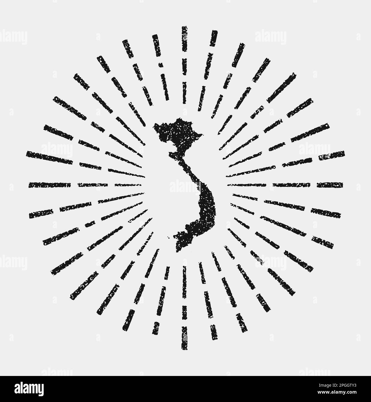 Mappa vintage del Vietnam. Grunge Sunburst in tutto il paese. Forma nera del Vietnam con raggi del sole su sfondo bianco. Illustrazione vettoriale. Illustrazione Vettoriale
